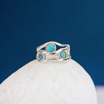 Molten Sterling Silver Blue Opal Trio Ring, 2 of 6