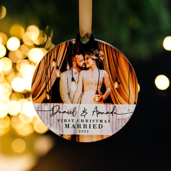 First Christmas Married Personalised Photo Bauble, 8 of 11