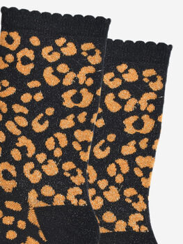 Orange Black Glitter Leopard Print Ankle Socks Women's, 2 of 4