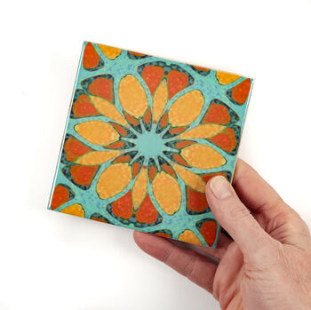 Orange Teal Geometric Flower Tile, 7 of 10