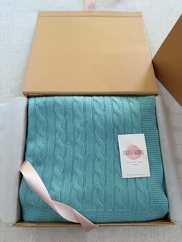 Eau De Nil Personalised 100% Cashmere Cable Knit Baby Blanket Gift Boxed, 2 of 5
