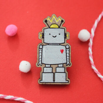 Cute Robot Wooden Pin Badge, 4 of 7