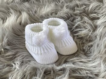White Knitted Baby Booties With Pom Pom, 6 of 9