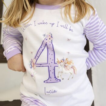 Girls Personalised Lilac Unicorn Birthday Pyjamas, 11 of 12