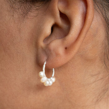 Sterling Silver Pearl Small Hoop Earrings, 2 of 9