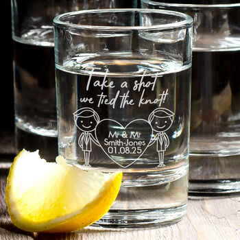 Pair Of Wedding Caricature Keepsake Shot Glasses, 2 of 6