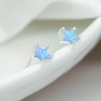 Sterling Silver Blue Opal Star Stud Earrings, 3 of 8