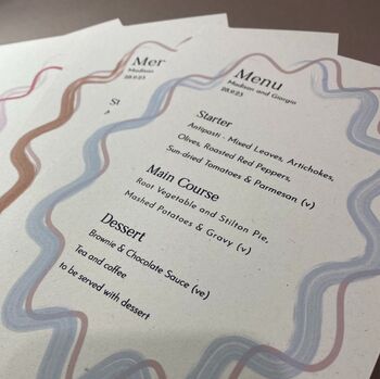 Modern, Wavy, Colourful Personalised Menu Cards, 2 of 8