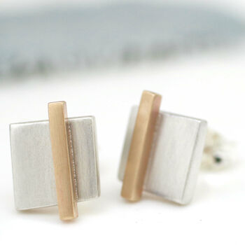 Geometric Earrings. Square Silver And 9ct Gold Studs, 3 of 11
