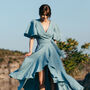 Long Bohemian Wrap Linen Dress With Frill Details, thumbnail 1 of 10