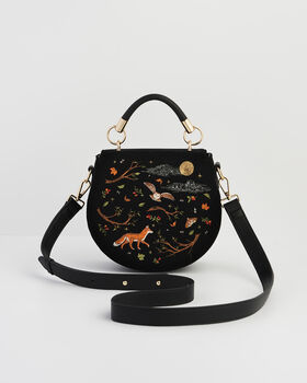 Fox And Owl Embroidered Black Top Handle Saddle Bag, 4 of 8