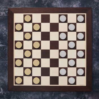 Sycamore And Mahogany Draughts Set With Brass Pieces, 3 of 4