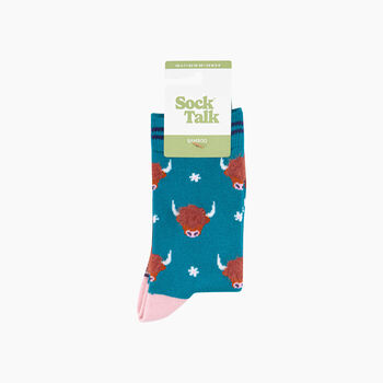 Highland Cow Floral Fluffy Bamboo Socks In Teal, 4 of 4