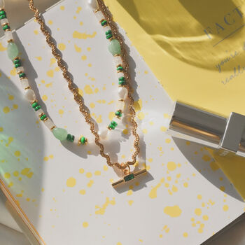 18ct Gold Plated Green Stone T Bar Necklace Set – Statement Gift Jewellery, 5 of 10