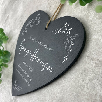 Personalised Wreath Memorial Slate Hanging Heart Decoration 15 X 16cm, 3 of 6