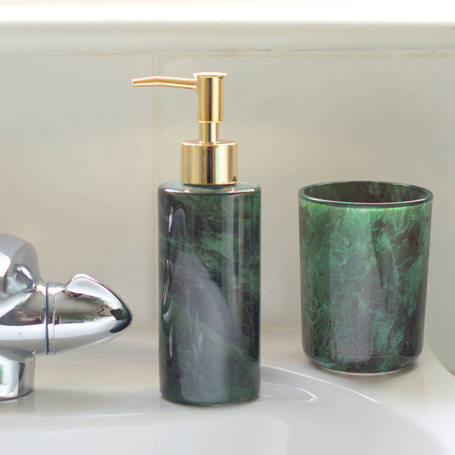 marbled glass soap dispenser and toothbrush cup by audenza