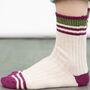 Glitter Mid Calf Ribbed Cotton Socks Varsity Striped Cuff Cream Khaki, thumbnail 1 of 5
