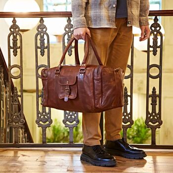 Personalised Brown Leather Holdall With Zipped Pockets, 4 of 11