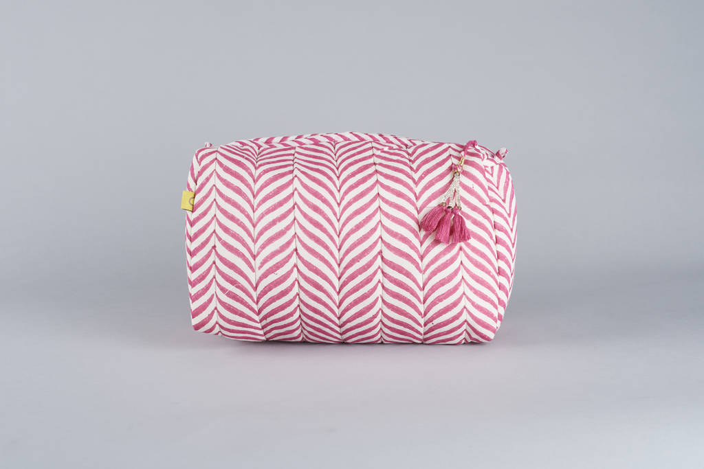 Indore Herringbone Pattern Pink Block Print Washbag, 1 of 2
