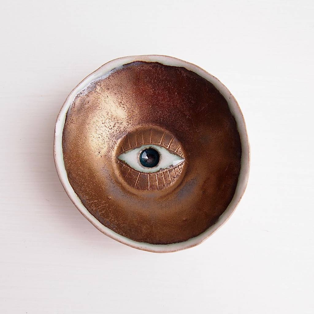 Handmade Pottery Gold Ring Dish With Eyes Decoration By