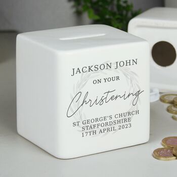Personalised Square Ceramic Christening Money Box, 2 of 3