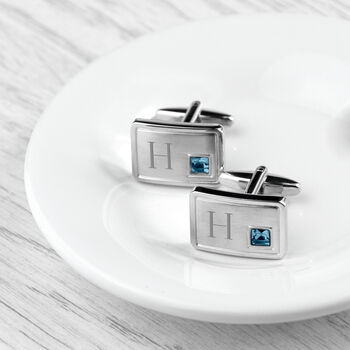 Engraved Rhodium Plated Birthstone Crystal Cufflink Set, 6 of 12