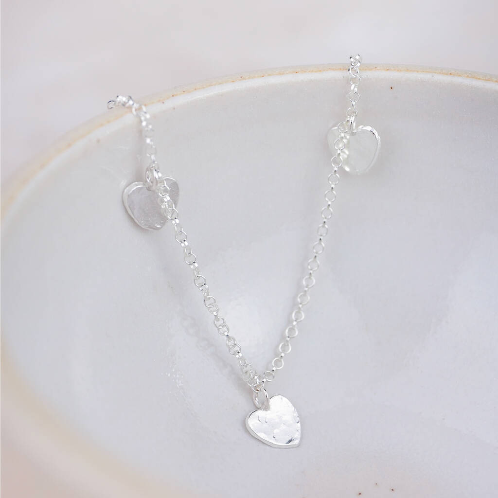 Sterling Silver Three Heart Charm Necklace, 1 of 4