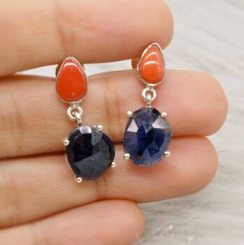 Raw Blue Sapphire, Coral Silver Earrings, 3 of 7