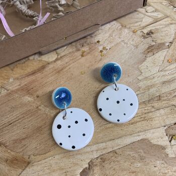 Turquoise Blue Polka Dot Ceramic Earrings, 2 of 8