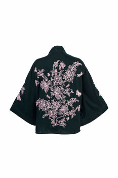 Wild Flowers And Butterflies Teal And Pink Velvet Embroidered Short Kimono, 8 of 10