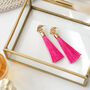 Gold Plate And Fuchsia Pink Tassel Drop Earrings, thumbnail 1 of 3