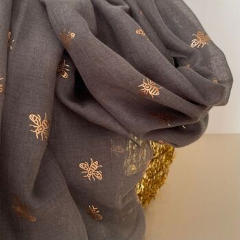 Rose Gold Bee Print Scarf In Charcoal, 2 of 2