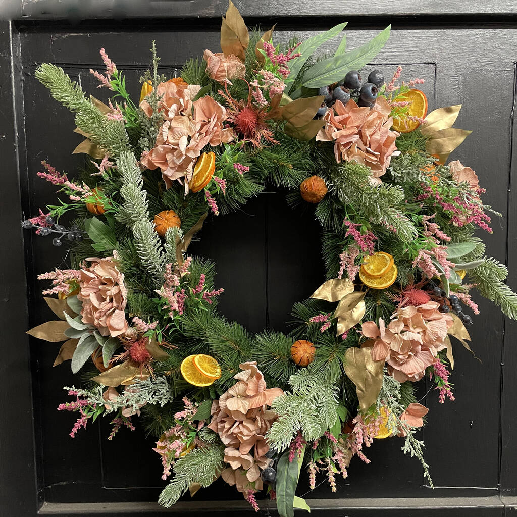 Clementine Faux Flowers Christmas Wreath, 1 of 4