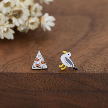 Sterling Silver Mismatched Pizza Slice And Seagull Stud Earrings, 4 of 9