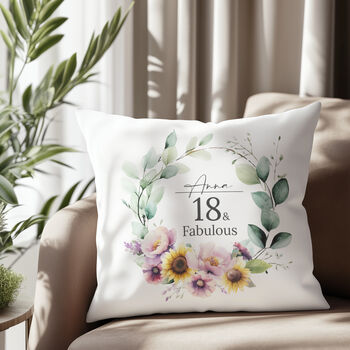 '18 And Fabulous' Personalised Birthday Cushion With Birth Flowers, 2 of 6