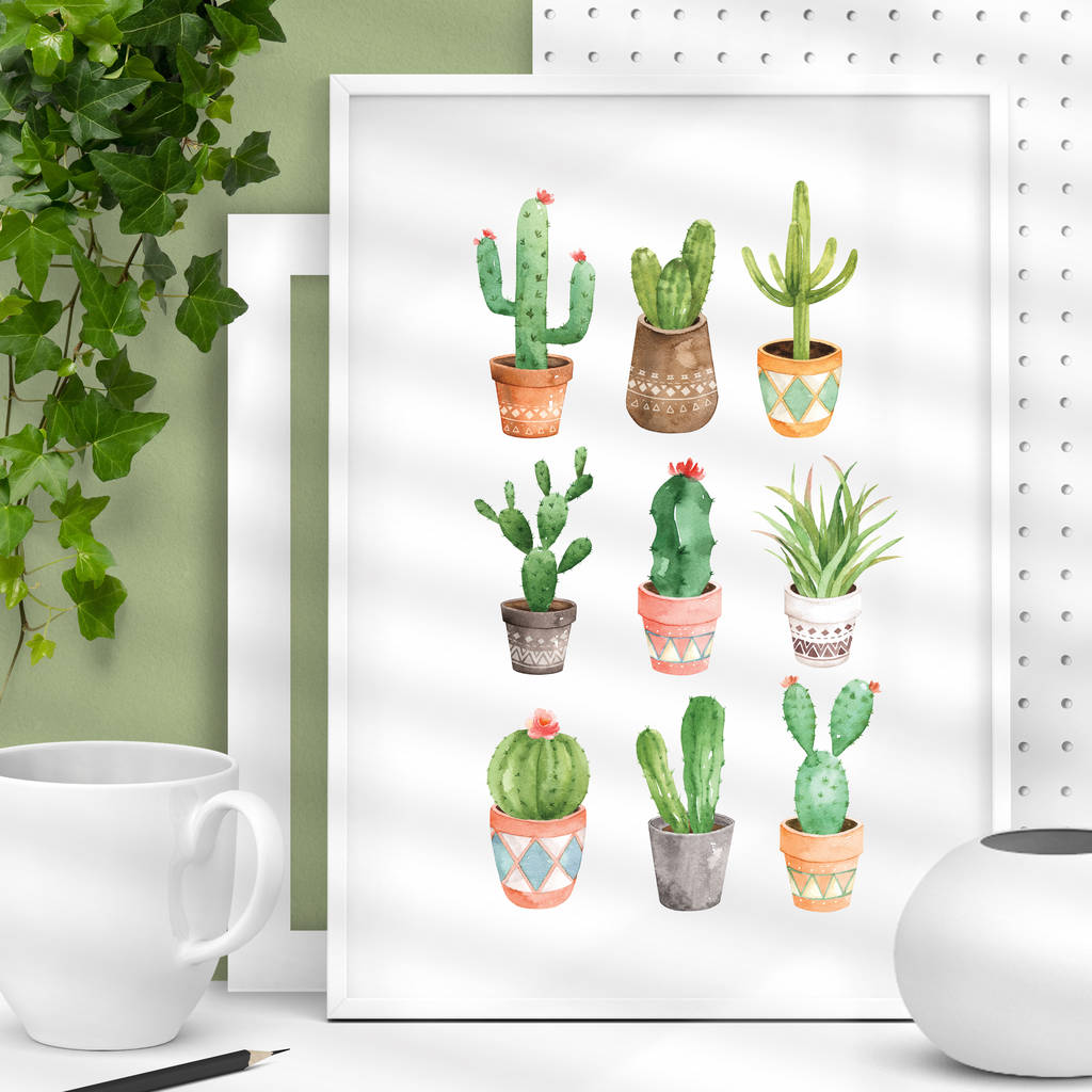 Cactus Watercolour Print Illustrated Set In Green, 1 of 5
