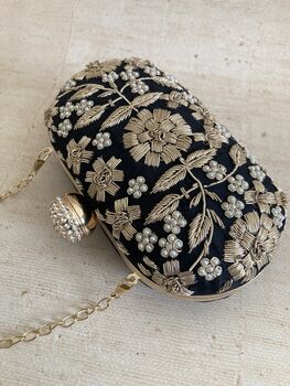 Black Handcrafted Embroidered Pearl Oval Clutch Bag, 2 of 10
