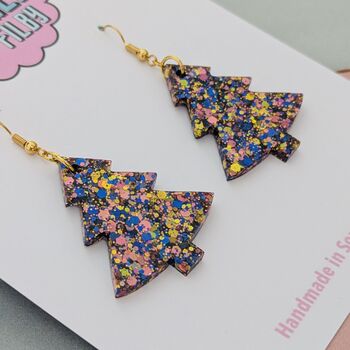 Large Dark Blue, Gold And Pink Glitter Christmas Tree Earrings, 3 of 4