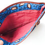 Fair Trade Wristlet Clutch Bag With Strap, Handmade Blue Red Phone Purse Wallet, thumbnail 10 of 10