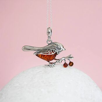 Sterling Silver Baltic Amber Robin Necklace, 3 of 12