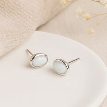 White Opal Oval Stud Earrings In Sterling Silver – 7mm, 5 of 11