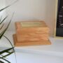 Personalised Oak Urn With Modern Engraving On Brass Effect Plaque, thumbnail 4 of 5