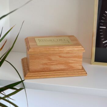 Personalised Oak Urn With Modern Engraving On Brass Effect Plaque, 4 of 5