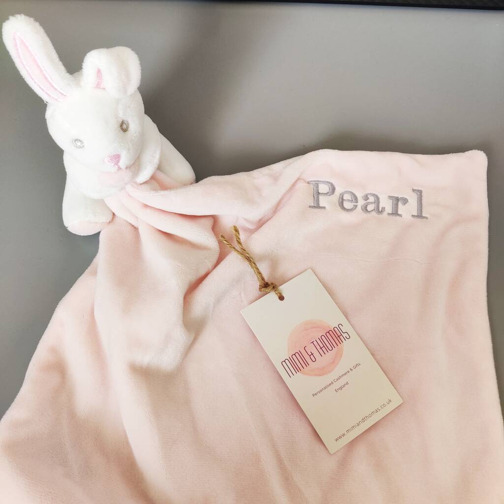 Personalised Pink Bunny Plush Rattle Comforter Blanket, 1 of 8