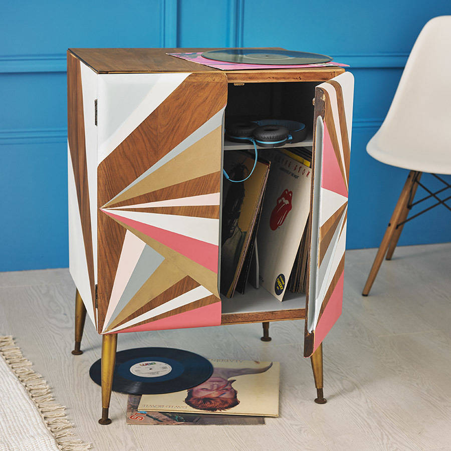 Geometric Painted Record Cabinet, 1 of 7