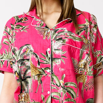 Giraffe And Leopard Print 100% Cotton Ladies Pyjama Short Set In Pink, 4 of 10