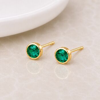Gold Plated Sterling Silver May Emerald Birthstone Stud Earrings, 2 of 5