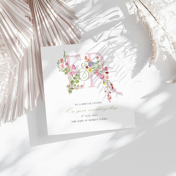 Monogramed Wedding Card. Pink Floral Design, 2 of 2