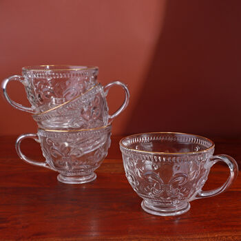 G Decor Set Of Four Marcelle Fleur De Lis Glass Mugs Embossed Cups With Gold Rim, 4 of 4