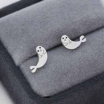Seal Stud Earrings In Sterling Silver, 3 of 10